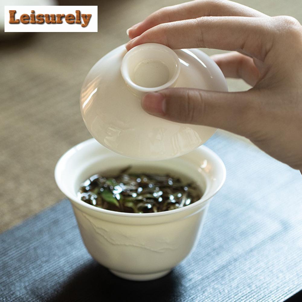 120ml ručně vyráběná reliéfní bambusová gaiwan starověká bílá porcelánová čajová mísa domácí čajový obal na misku čajová souprava řemeslné vybavení