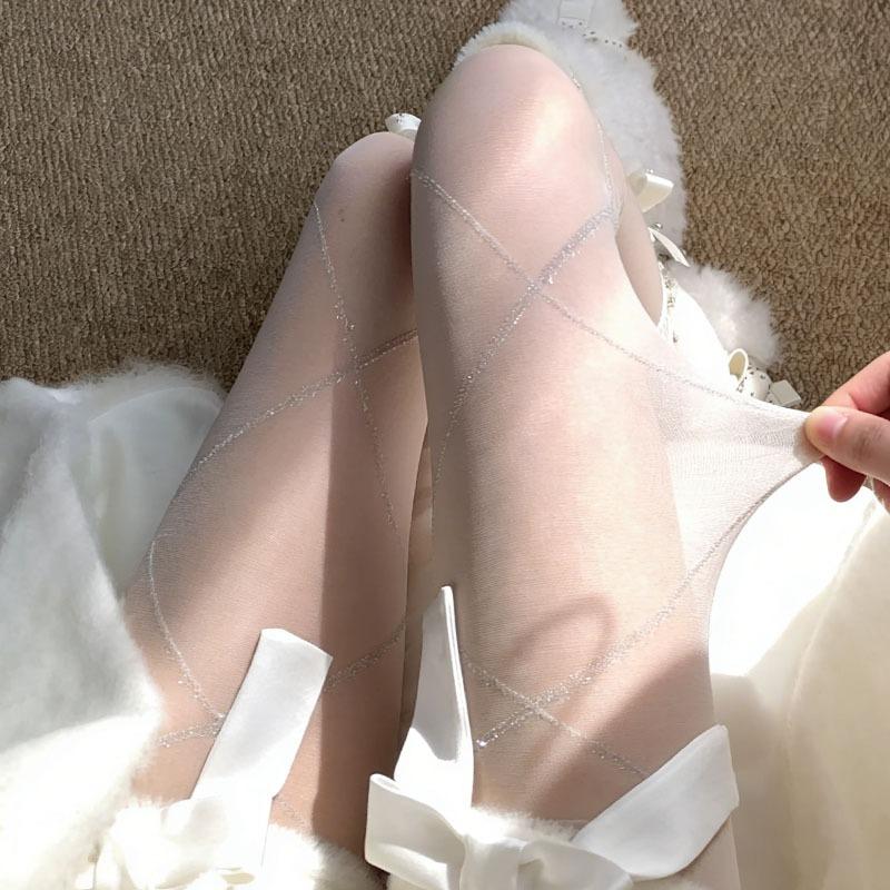 Spring And Summer Rhombus Silver Thread Diamond Shiny Pantyhose Ultra-Thin Cross Striped Fashion High Elastic Slimming Stockings