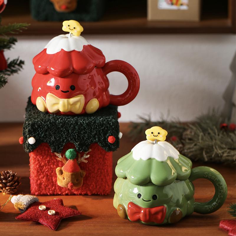 420ml Christmas Tree Ceramic Water Cup Creative Milk Mug with Lid Spoon Afternoon Camellia Flower Tea Coffee Cup Christmas Gift