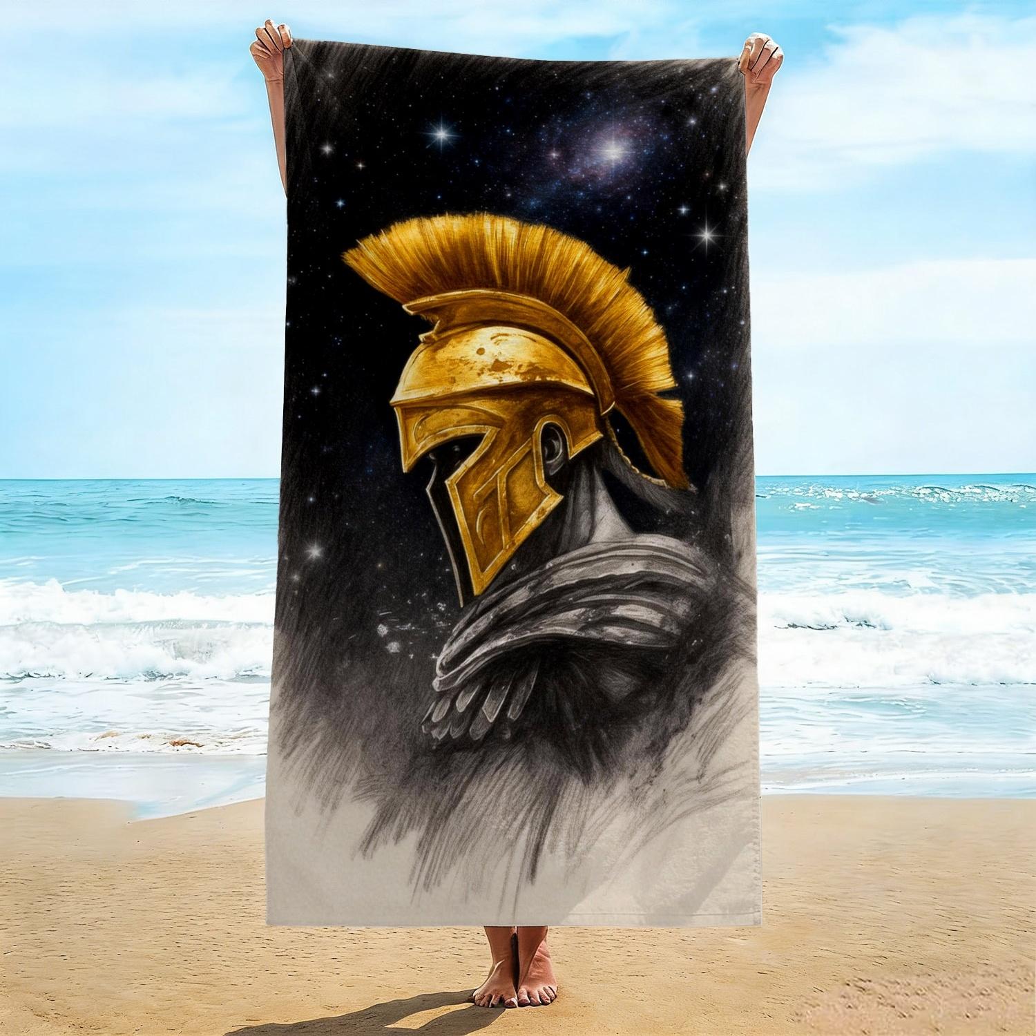 

Starry Sky Spartan Beach Towel, Golden Helmet Warrior on Galaxy Background Print Bath Towel, Bold Mythic Beach Blanket 1pcs W30*H60(CM)
