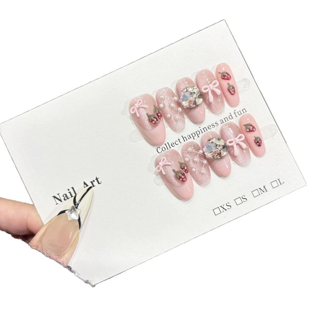 French Style Cute Wearable Handmade Press on Nails with Strawberry Pie Fresh Pink Nail Tips Cat Eye Design Finger Nail Stickers