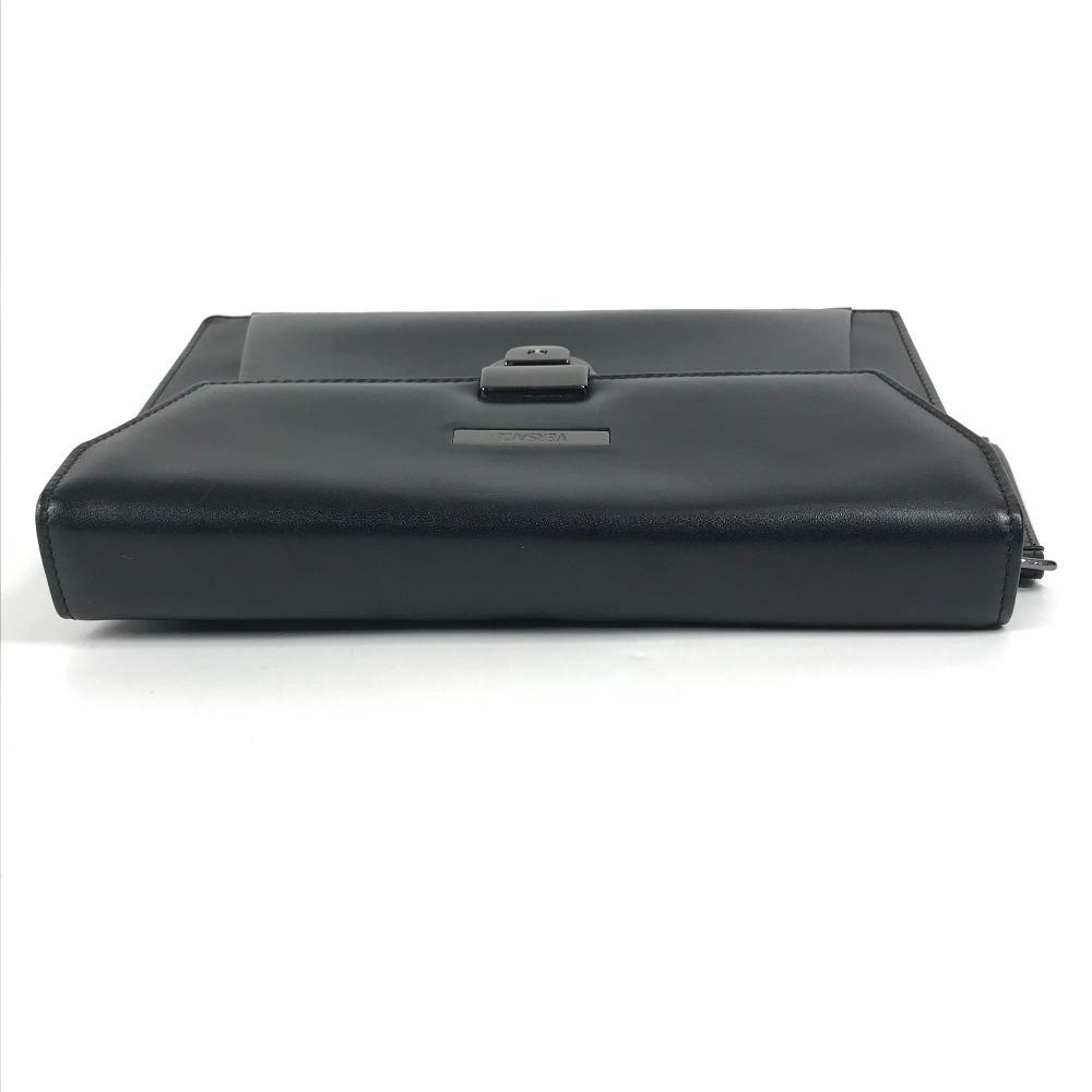 VERSACE with Strap logo Bag Pouch Flap Clutch Bag Leather Black