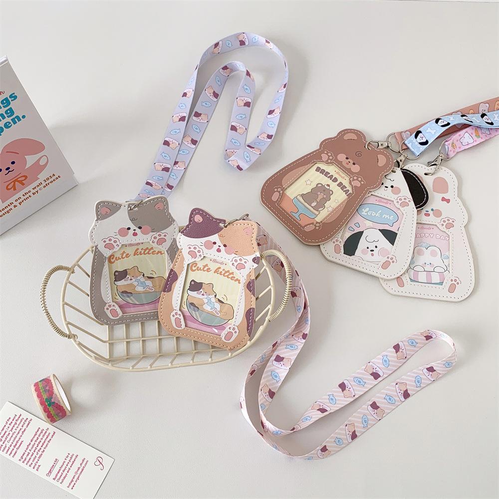 Cartoon Puppy Cat Leather 3inch Cards Cover Neck Strap Lanyard Campus Card Holder For Student