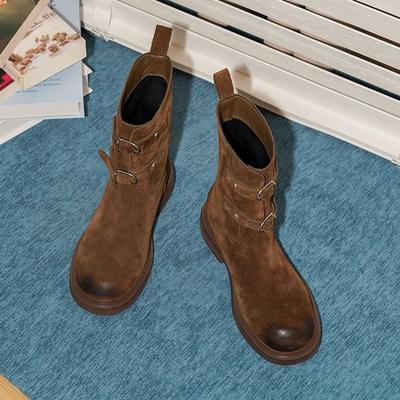 Leather Version~ Retro Polished Belt Buckle Western Cowboy Boots Slim Short Boots Women's Maillard Martin Boots Locomotive Boots