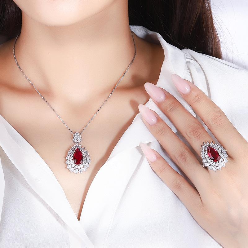 Jewelry Set Simulation Red Corundum Pendant Ring Main Stone 8 * 14
