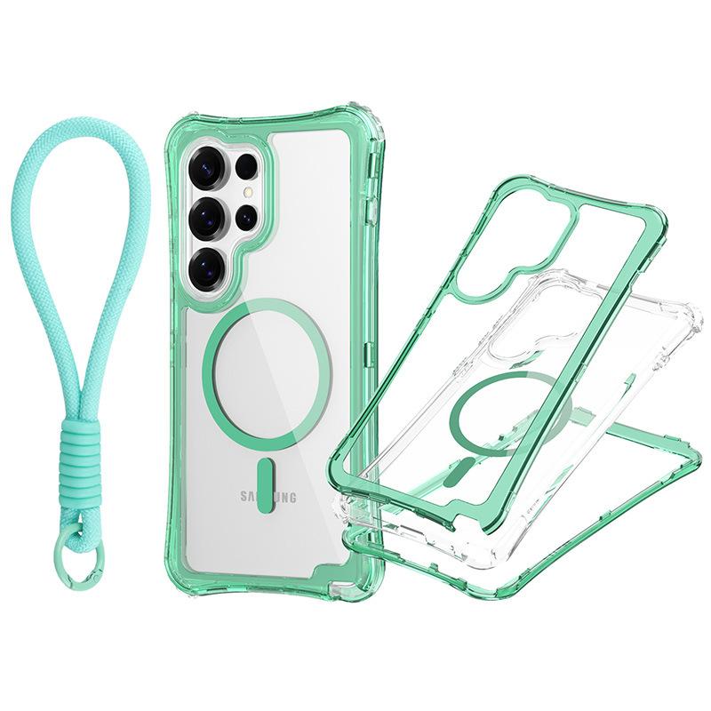 For Samsung S25 Ultra Magnetic Transparent Triple-Function Phone Case with Wrist Strap