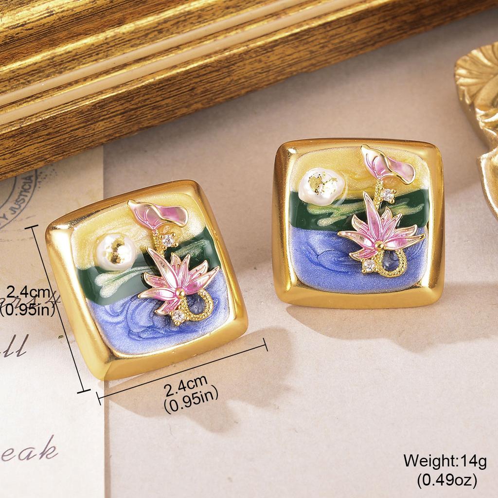 Monet Oil Painting Series Love Earrings Natural Pearl Flower Stud Earrings High Sense Personality Retro Fringed Earrings Women