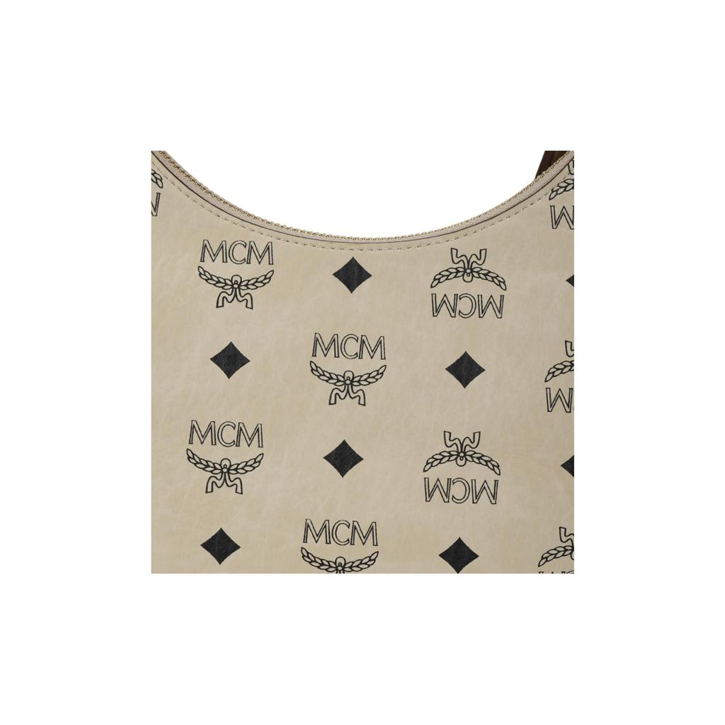 MCM Aren Visetos Half-Moon Monogram All-Over Print Leather Shoulder Bag Small Unisex Couple's Style Beige