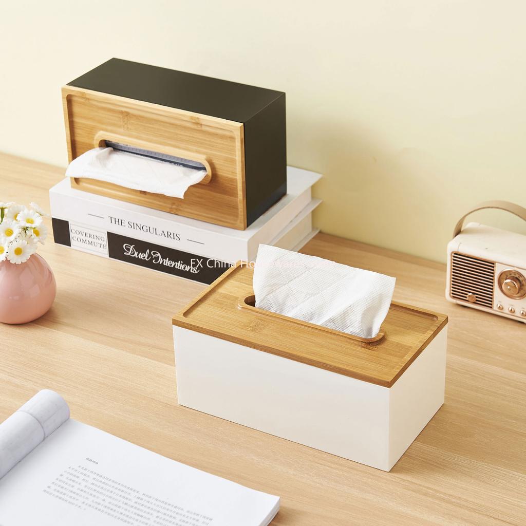 Japanese-style Bamboo-lid Tissue Box, Desktop Storage Box for Dining Room, Living Room, Office, Pull-out Tissue Dispense