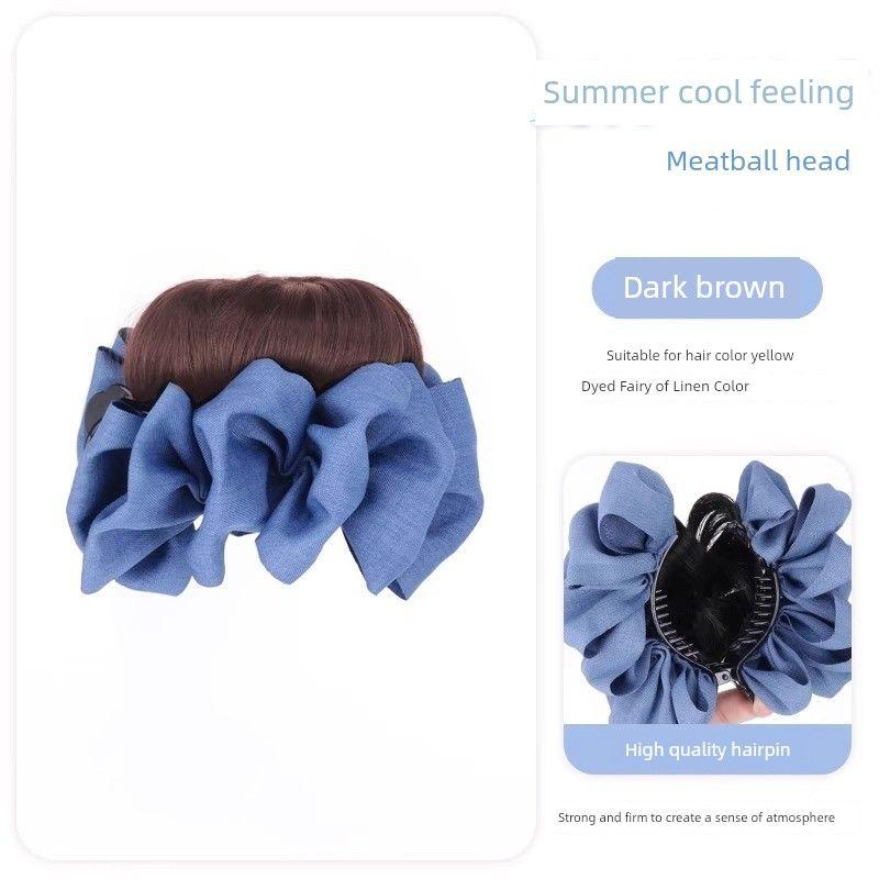 

Bun Wig Female High Tie Bows Bud-like Hair Style Updo Gadget Grip Artificial Extra Hair Volume Wig Hair Band [Blue] Denim Bud ball head-dark brown