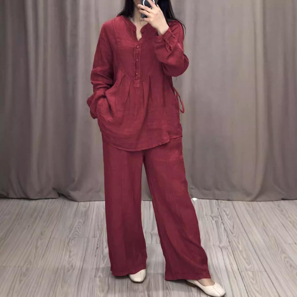 Completo casual da donna Primavera Estate Camicia a maniche lunghe + Pantaloni casual a gamba larga Set da 2 pezzi