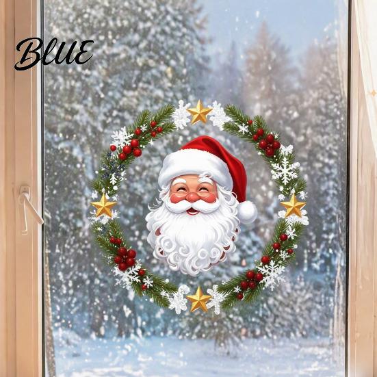 Removable Window Murals Christmas Clings Cute Santa Claus Wreath Sticker Cartoon Holiday Glass Decals Static Decal for Office Shop Winter