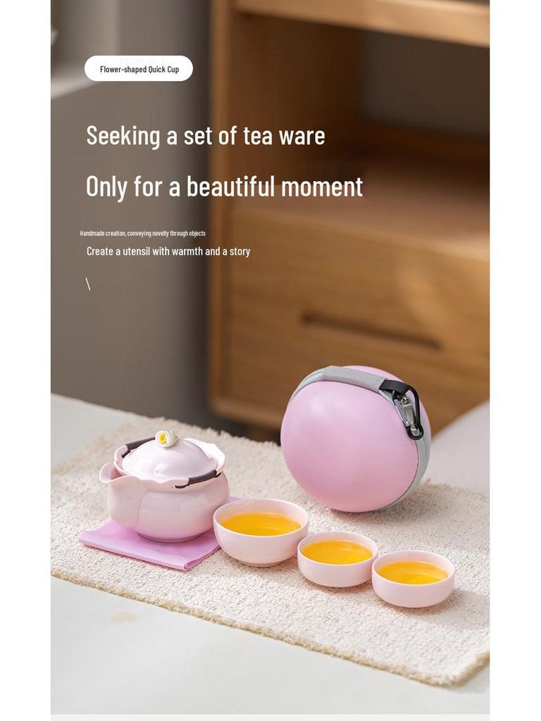 Portable Pink Flower Tea Set with Hand-Grip Pot: Home & Outdoor Quick-Brew Gongfu Set with Storage Bag