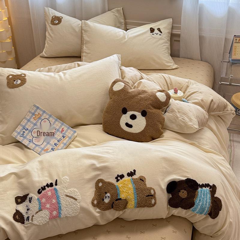 2025 New Style Full Cotton Embroidery Bedding Set: Includes Duvet Cover, Bed Sheet, and Three-Piece Dorm Towel Set