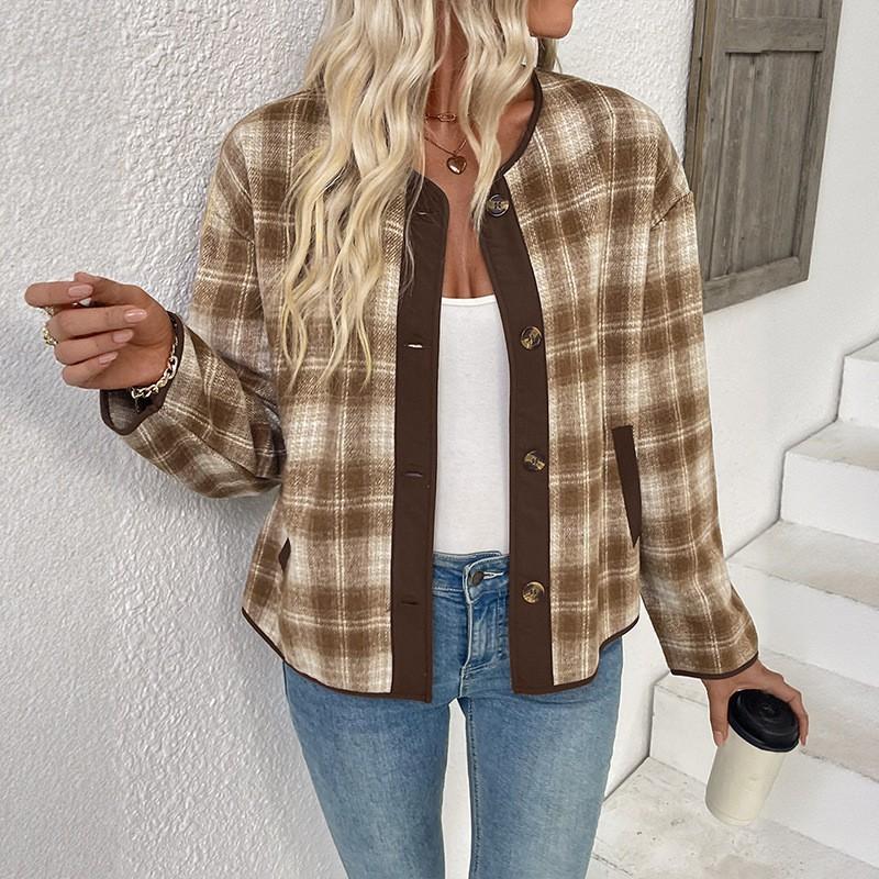 2026 Fall Winter Womens Plaid Coat Casual Cardigan Short Jacket Top