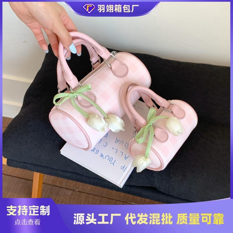 Niche bag women's new summer fashion plaid messenger bag cylinder bag