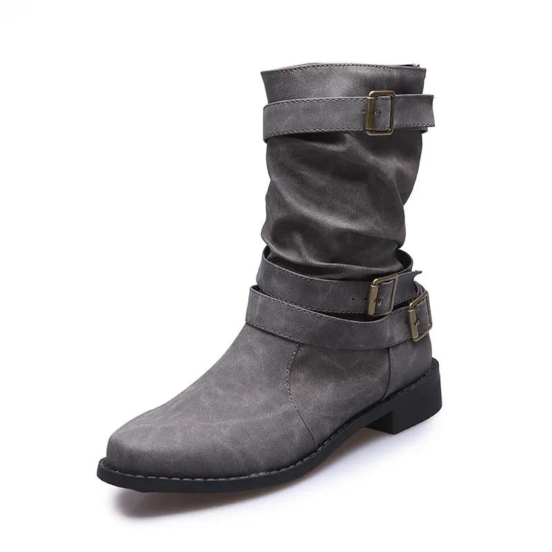 Damen einfarbige modische Stiefel, Schnallengürtel, dicker Absatz, lässige Denim-Rundkopf-Ritterstiefel 2024
