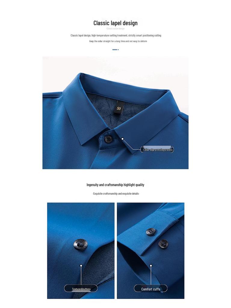 Pierre Cardin Men's Long Sleeve Mulberry Silk Shirt - Iron-Free, Plus Velvet, High-End Business Casual for Autumn/Winter