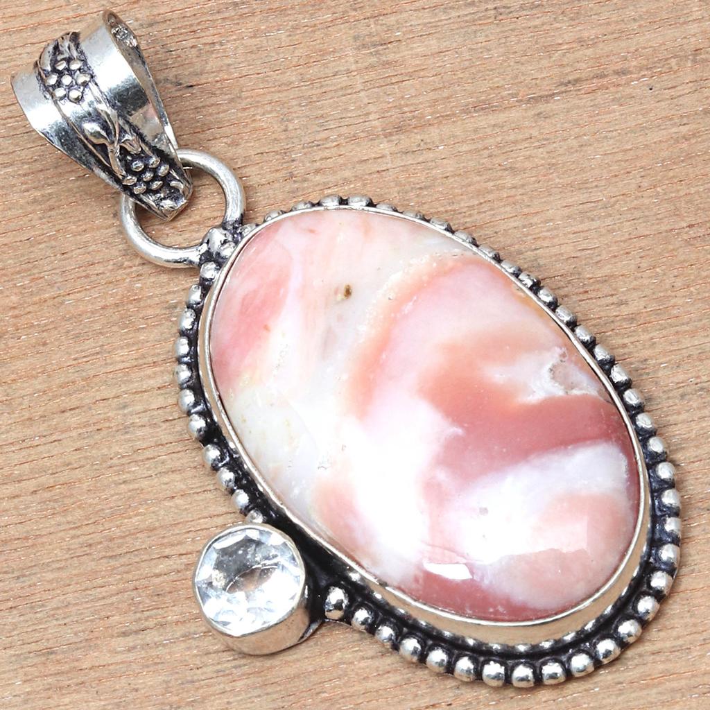 Pendant Pink Opal Swiss Blue Gemstone Valentine'Day Gift Silver Jewelry 2.25"
