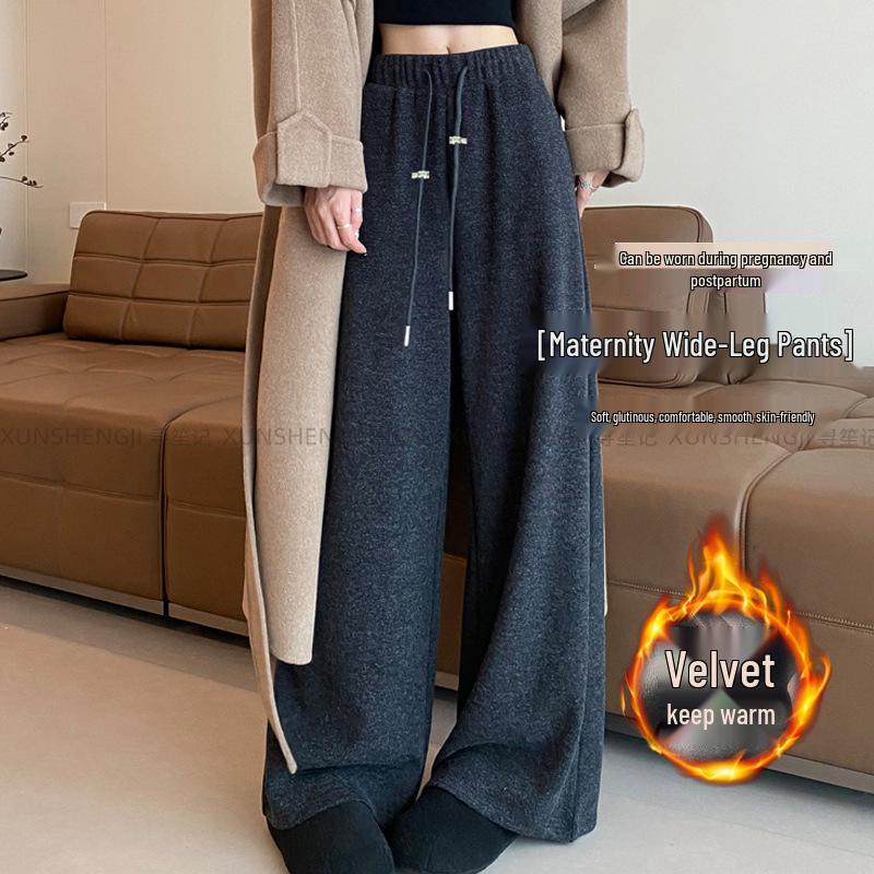 Women's Maternity Woolen Fleece-Lined High-Waist Wide-Leg Pants for Petite Sizes - Korean Style for Autumn/Winter