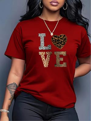 Fashion White Love Leopard Heart Pattern T-shirt Casual Round Neck Short Sleeves Casual T-shirt  Leopard Heart Pattern Harajuku