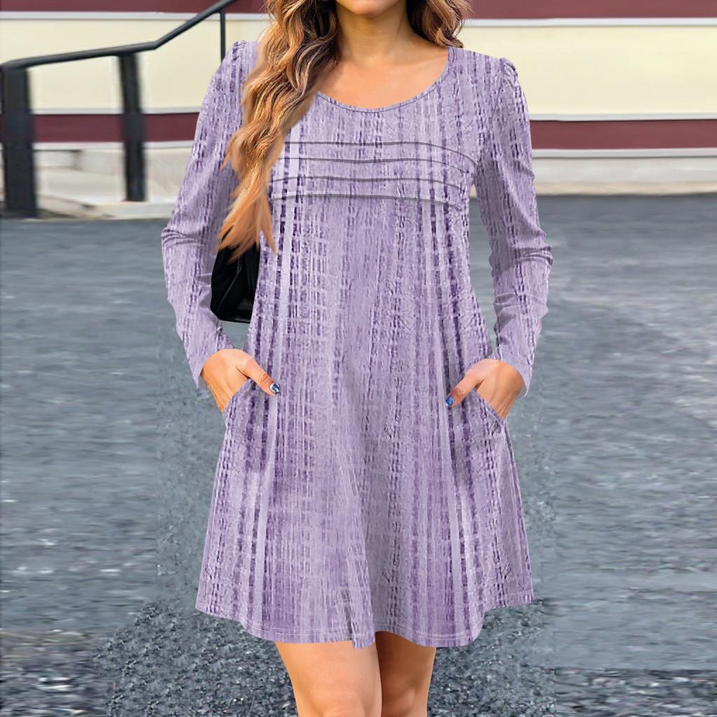 Women's Long Sleeve Dress Fall Casual T Shirt Loose Fit Pleated Front Dresses With Pockets
