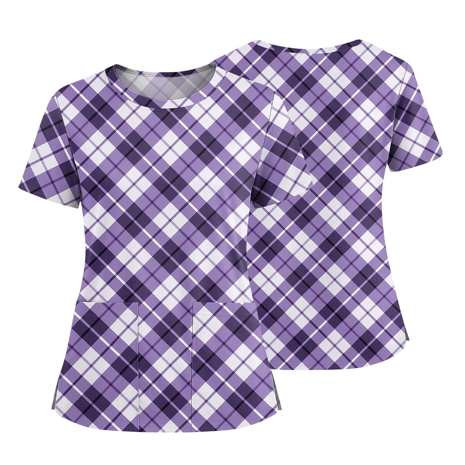 

Женская модная футболка с принтом, круглым вырезом, карманом, короткими рукавами и разрезом по низу, униформа и рабочая блузка L фиолетовый