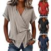 Women Tops V Neck Short Sleeve Pure Color Shirt with Side Tie Irregular Loose Fit Tee Shirt Summer Daily Wear