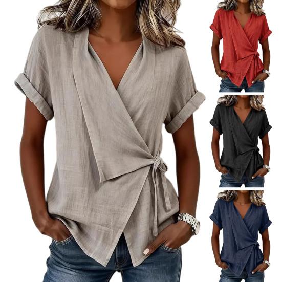 Women Tops V Neck Short Sleeve Pure Color Shirt with Side Tie Irregular Loose Fit Tee Shirt Summer Daily Wear