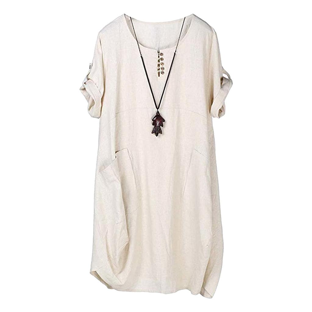 Women's Fat MM Linen Plus Size Lantern Skirt Round Neck Waist Dress