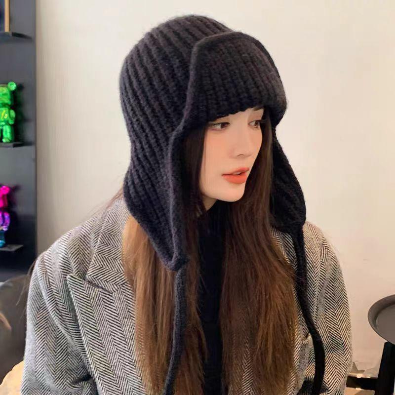 Cute new pink ear protector knitted wool hat for girls, small face in winter, warm ear protector