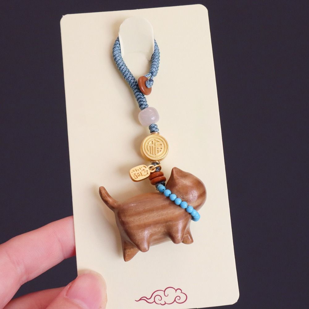 Lanyard Hang Ornament Sandalwood Phone Charm Creative Lucky Cat Keychain  Accessories
