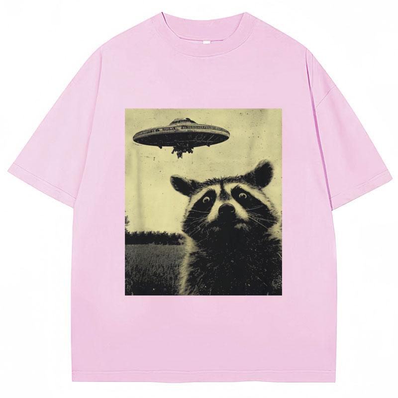 Raccoon Selfie UFO Funny Print T Shirt Men Women Novelty T Shirts 100% Cotton Oversized Casual Summer O-Neck T-shirts