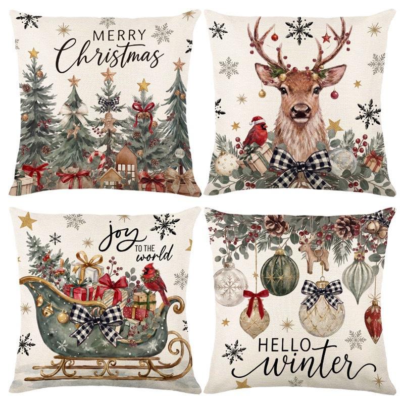 Christmas Theme Short Plush Pillow Cover Set Holiday Print Cushion Case for Living Room Sofa Home Decor 45x45cm