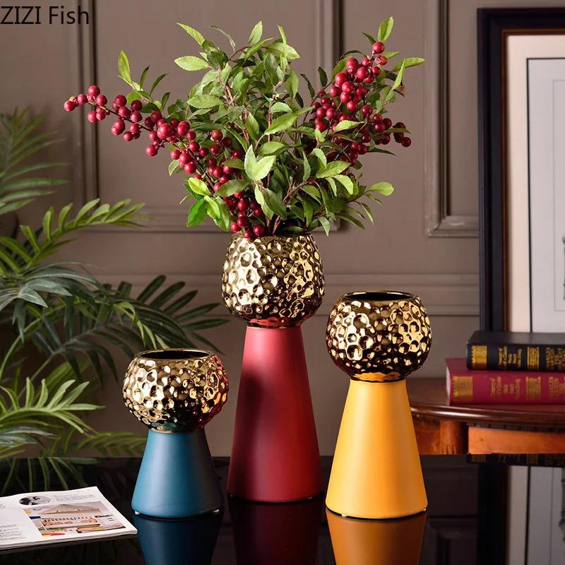 Gold-plated Hammer Pattern Ceramic Vase Creative Plant Pots Table Decoration Flower Arrangement Floral Vase Room Aesthetic Decor