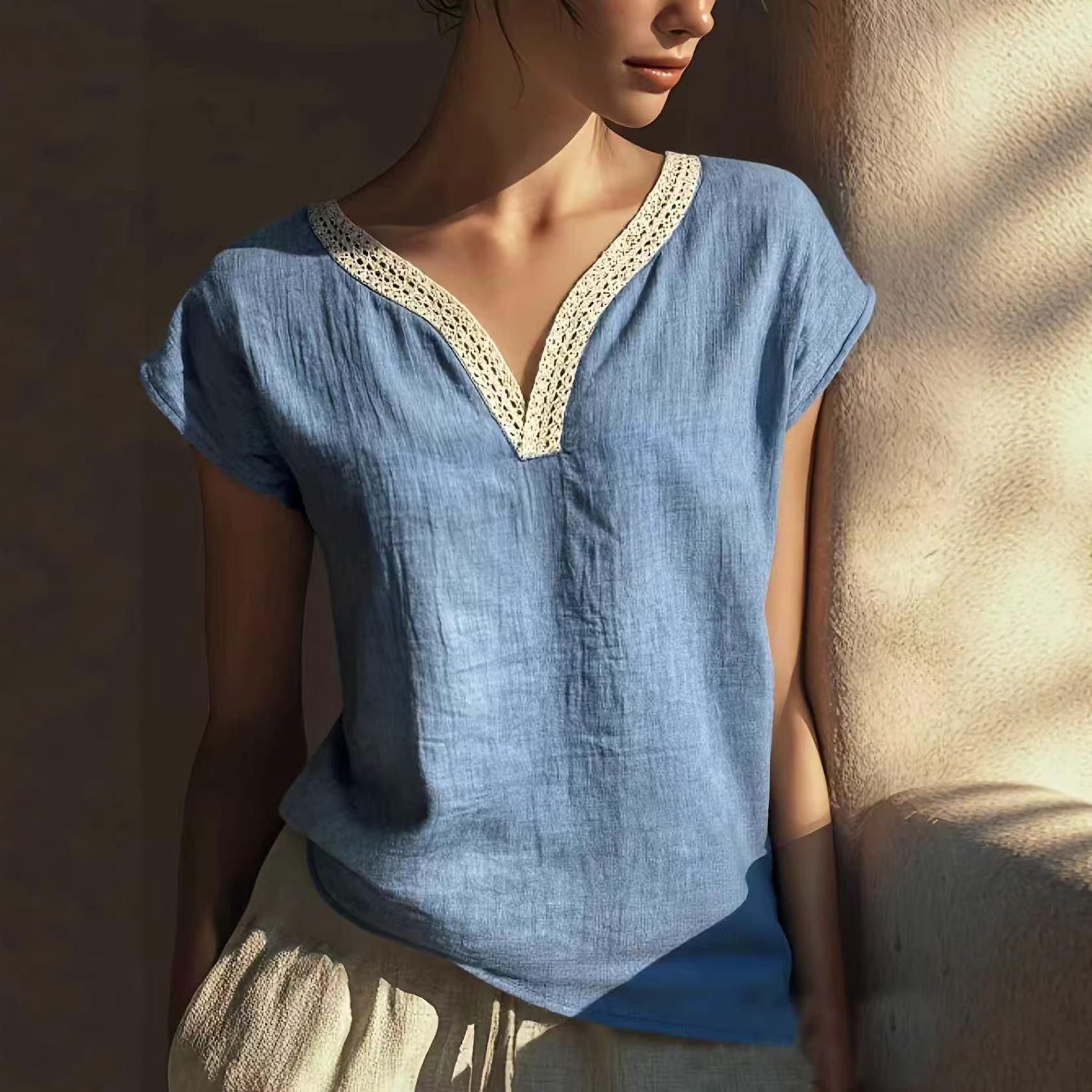 Blue V-Neck Short Sleeve Top with Lace Trim S небесно-голубой