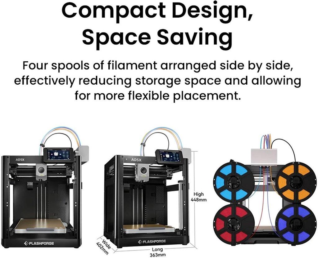 Stampante 3D Flashforge AD5X, Multicolore, Alta Velocità 600 mm/s, Livellamento Completamente Automatico, Estrusore Direct Drive 300°C, Struttura in Metallo Core XY
