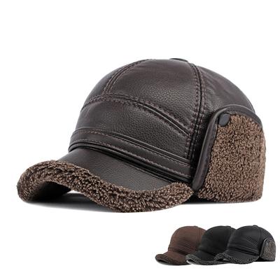 Casquette d'hiver Homme Casquette de baseball en cuir PU pour homme avec cache-oreilles Plus épaisse Chaude Casquette snapback Chapeau de papa pour homme d'âge moyen et âgé Couvre-oreilles