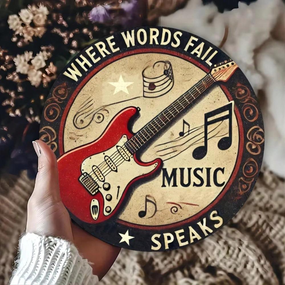 Vintage Style Music Speaks Aluminum Sign Red Electric Guitar Metal Wall Art