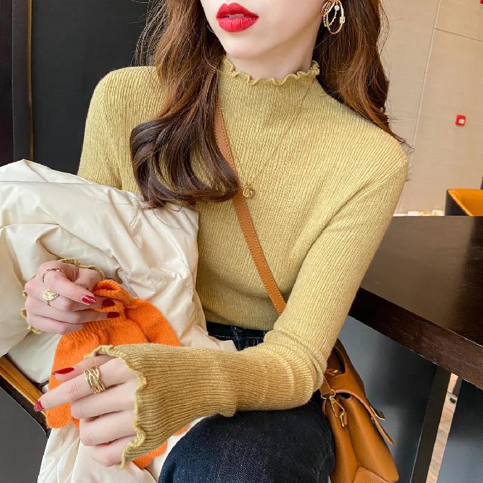 Wooden Ear Side Half Turtleneck Knitted Top For Women Autumn and Winter Knitwear Style Outside To Wear A New Coat Inside The Base
