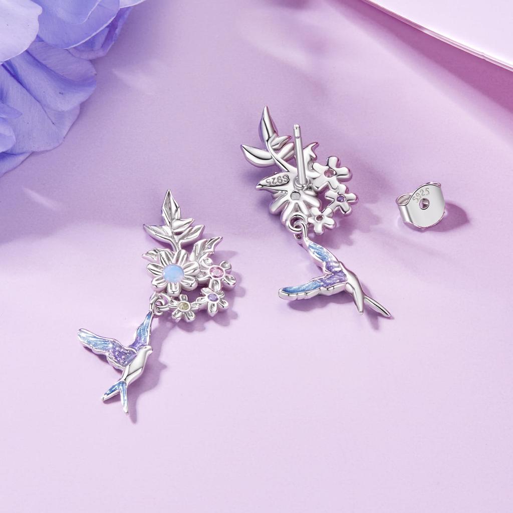 Silver Hummingbird Earrings with Flowers, 925 Silver Studs