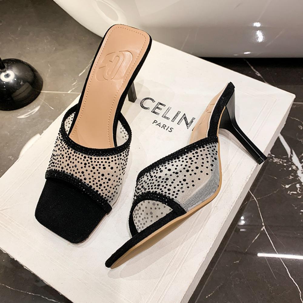Fashion Versatile High Heel Slippers Square Head Rhinestone Decoration One-piece Strap Sandals Casual Elegant Women's Shoes