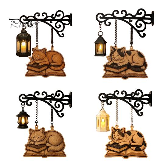 Retro Bookshelf Light Vintage with Cat Sleeping on Book Design, Lantern Rustic Metal Wall Lamp for Reading, Decorative LED Study Room Library