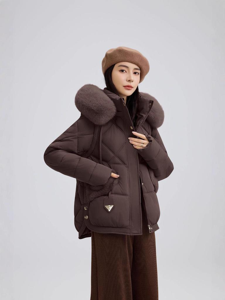 Korte Dameskatoenen Jas met Grote Bontkraag - 2025 Winter Koreaanse Stijl Slim Fit Jas