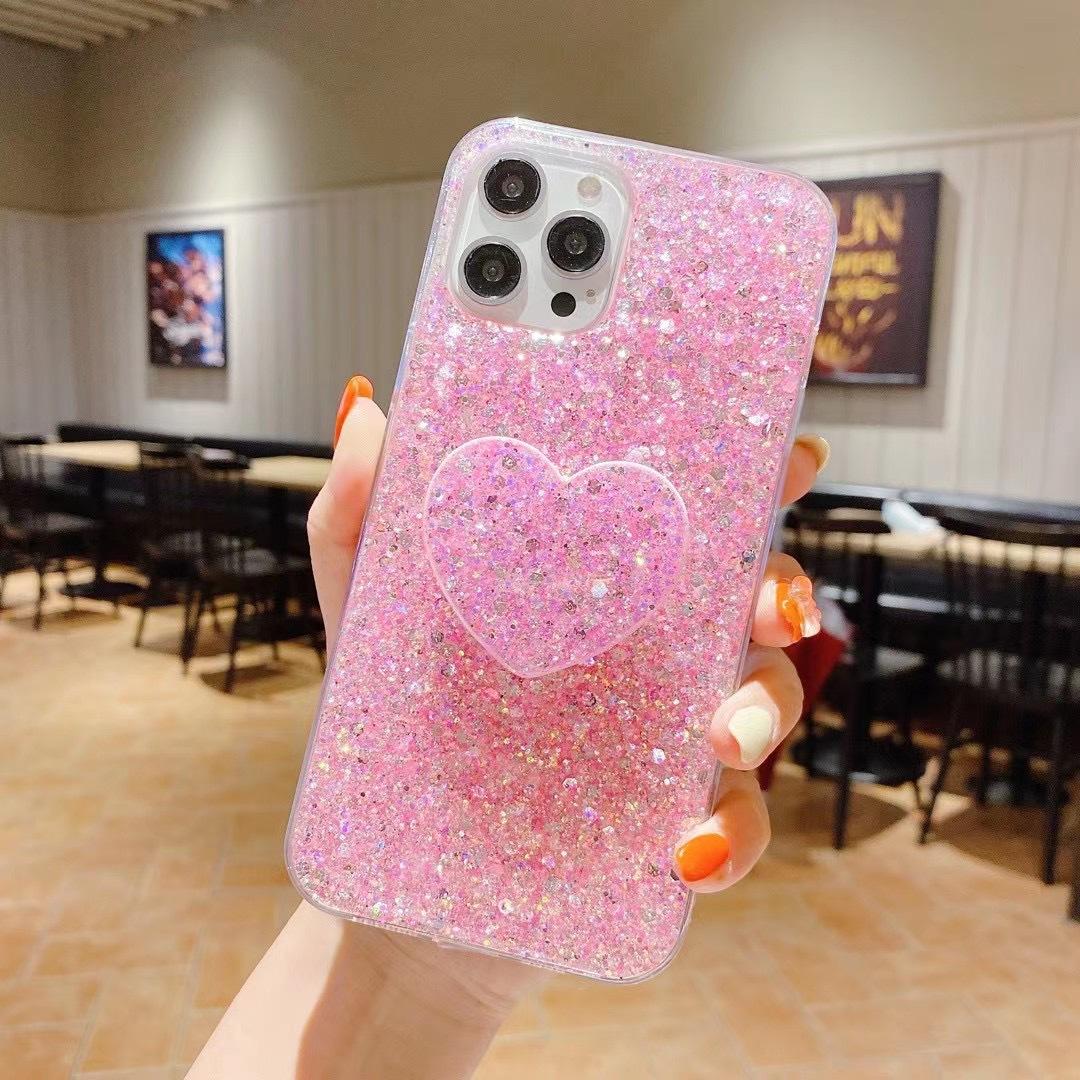 

Epoxy Glitter Mobile Phone Case Is Suitable For Apple 17 Solid Color Iphone15 Love Bracket 14Plus Soft Cover Women S Models iPhone 12Promax