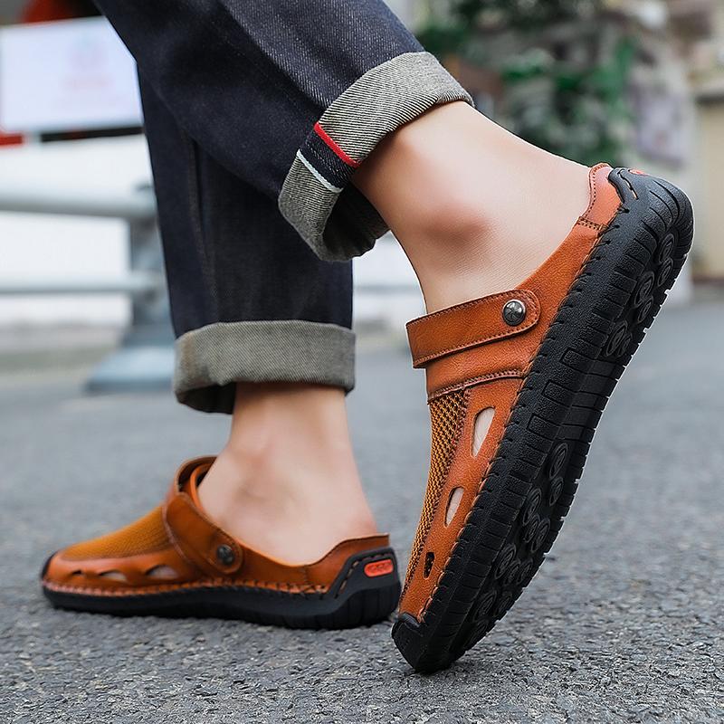 Men Hiking Sandals Black Khaki Outdoor Summer Brown Wide Palm Handmade Slippers Beach Shoes for Father Plus Size