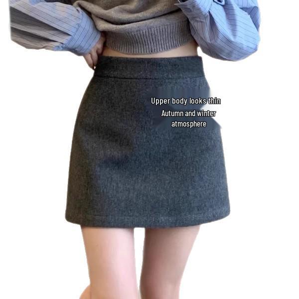 Women's Gray Wool Blend High Waist A-Line Short Skirt - Autumn Winter Petite Slimming Anti-Exposure Hip-Hugging Skirt