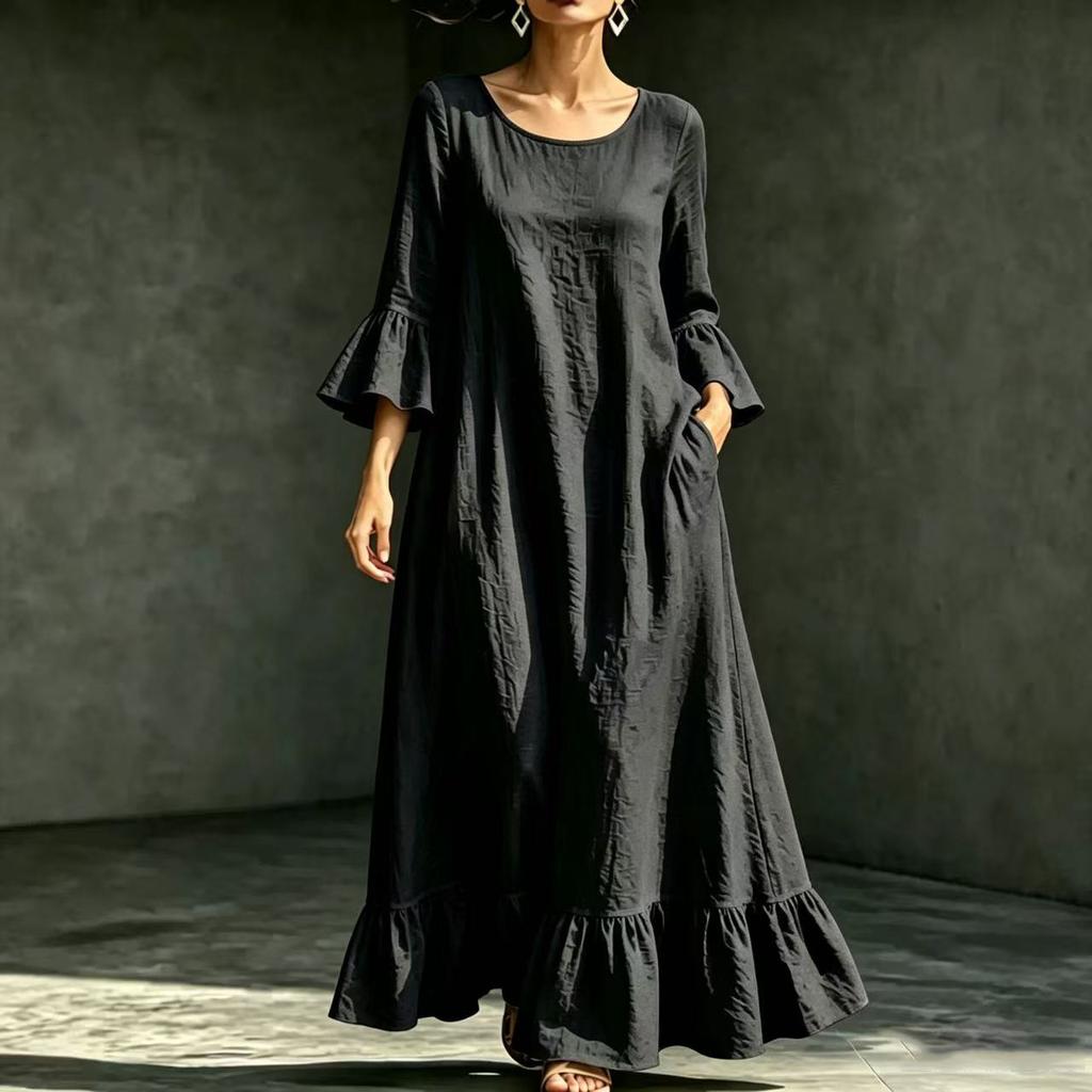 Women Round Neck Bell Sleeve Ruffle Hem Maxi Dress with Pockets Solid Color Casual Loose Fit Dress