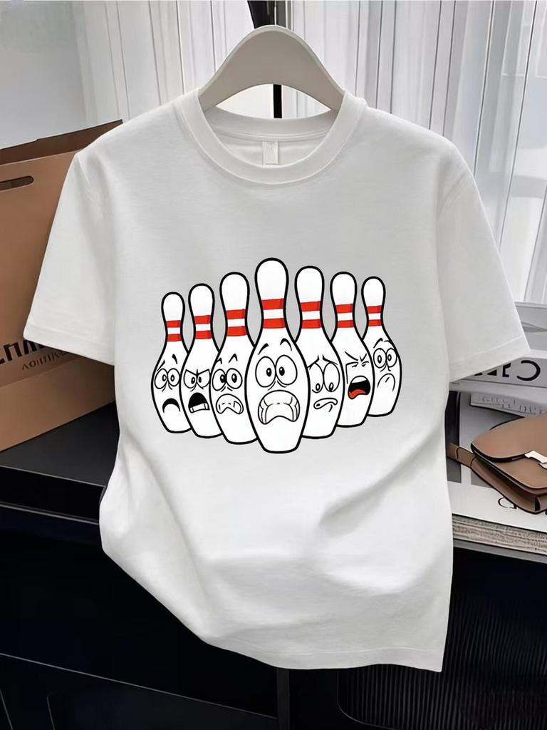 T-Shirts (kids unisex)Fun Bowling Ball Bottle Print T-Shirt, Playful Expression Cartoon Short Sleeve, Boys And Girls Casua