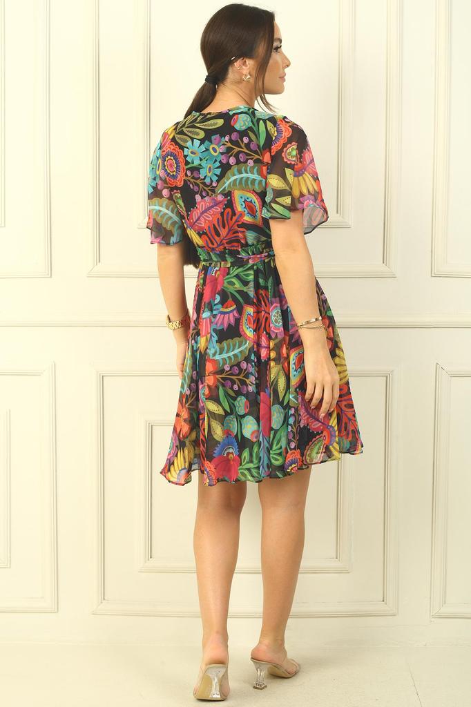Double Breasted Collar Flounce Sleeve Lined Waist Belted Fresh Pattern Chiffon Short Dress